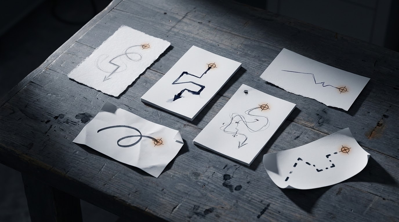 Half a dozen hand-annotated slips, each giving different directions to the same place