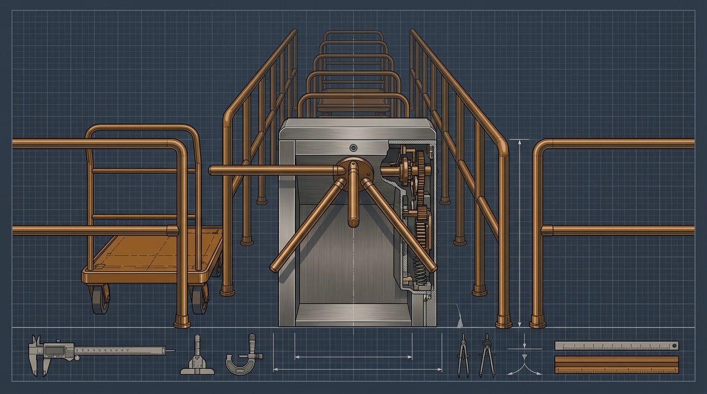 A single-file turnstile photographed head-on from the approach side, its arm locked at the horizontal with a queue rail receding behind it and several trolleys waiting in line — a mechanism admitting one at a time, intact and doing exactly that