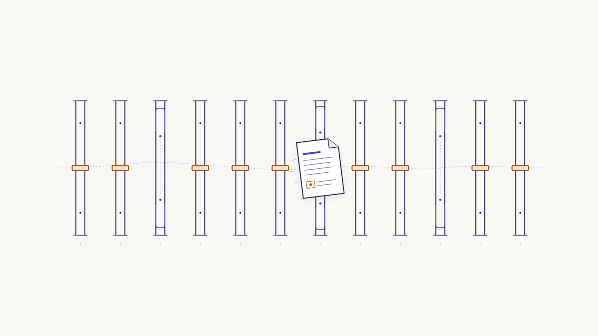 Twelve gates in a row, most barred, three open, with a single document passing through