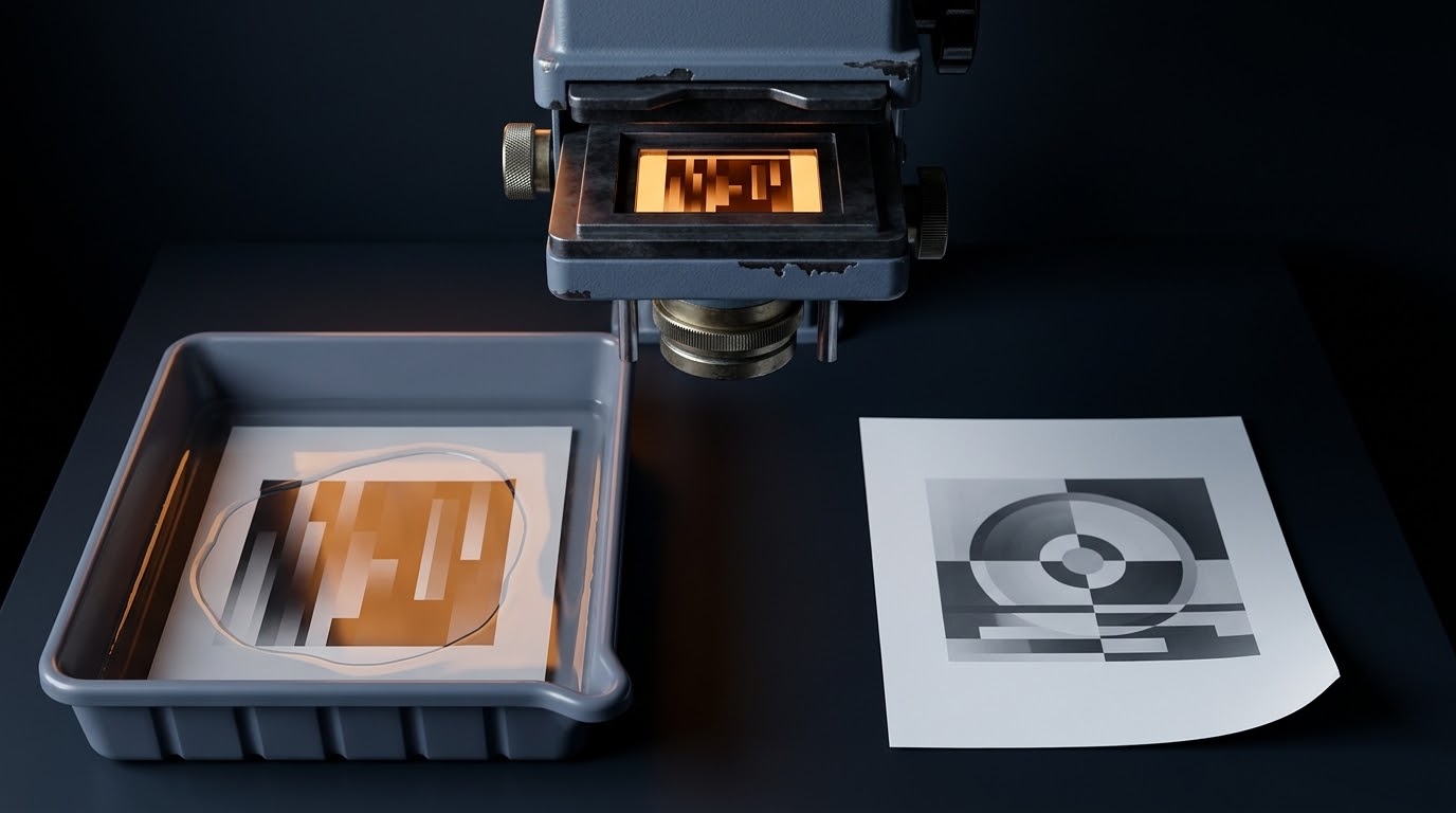 One enlarger, a print still developing and a print long dry, no longer agreeing