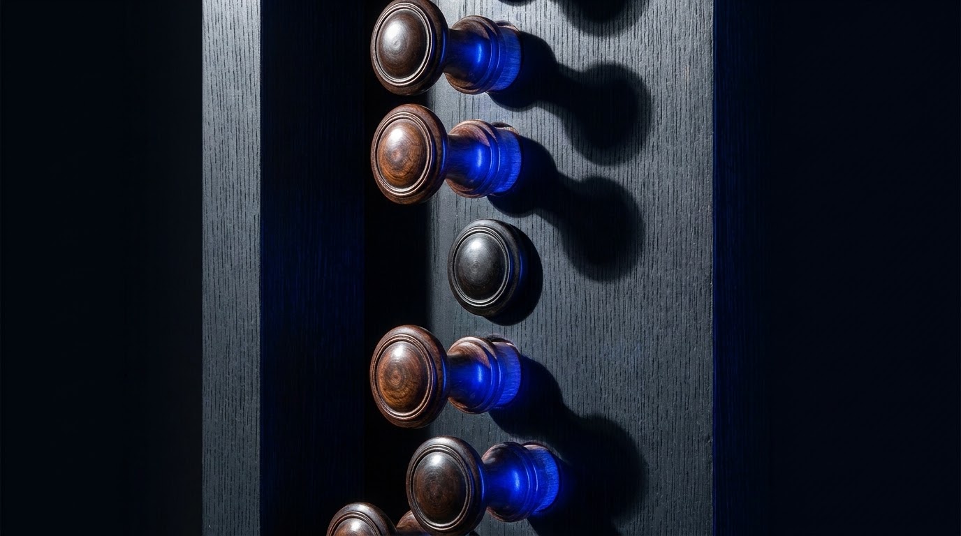 The one knob sitting flush, identical to its neighbours in every other way