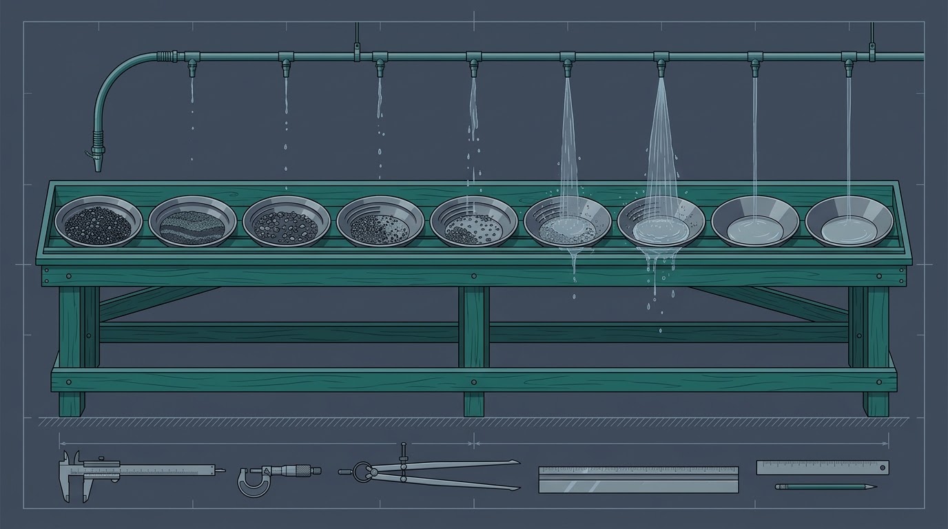 A row of shallow prospecting pans along a trestle, the first few holding dark gravel and the last two rinsed clean and empty with water still running above them — the empty pans at the end being the result rather than the absence of one