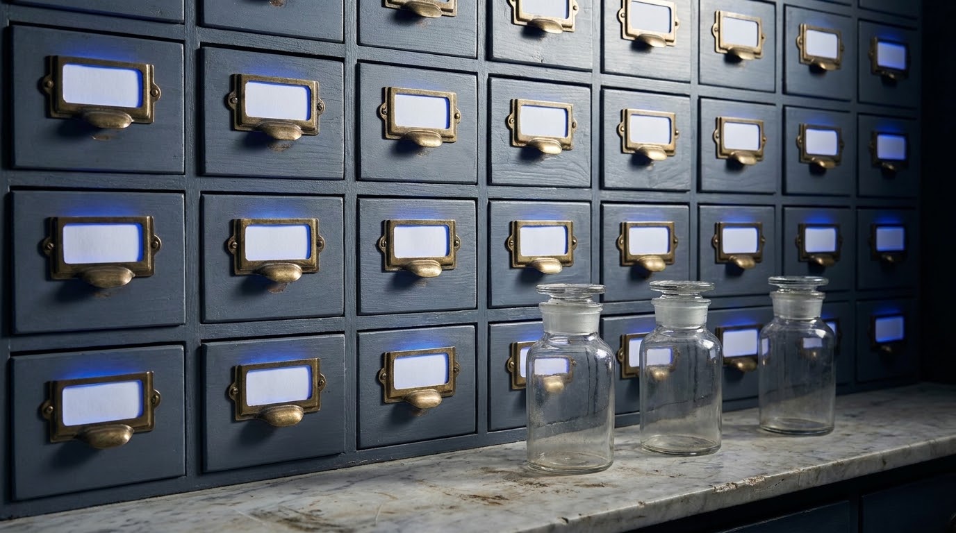 A wall of addressable drawers, and the jars standing in front of it with nothing on them