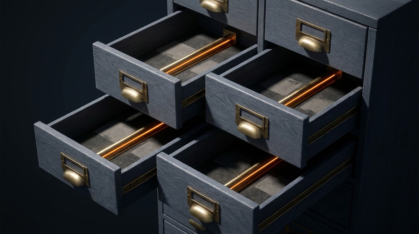 A card index with every drawer pulled out and not one card on any rod