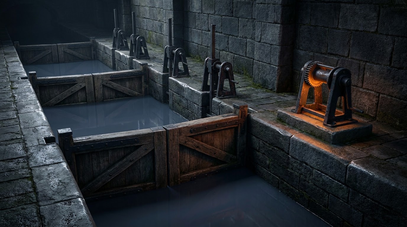 Each chamber levelled and held, with the last gate on its own control