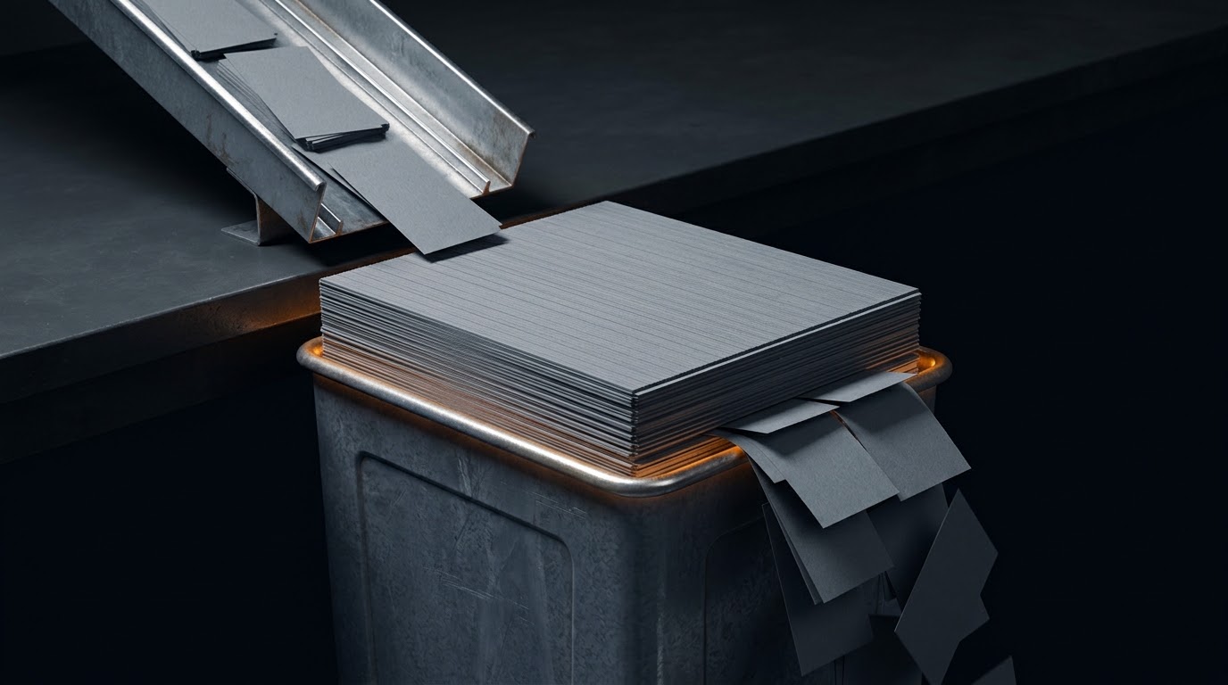 A receiving bin full to the brim, and the overspill falling past it into the dark