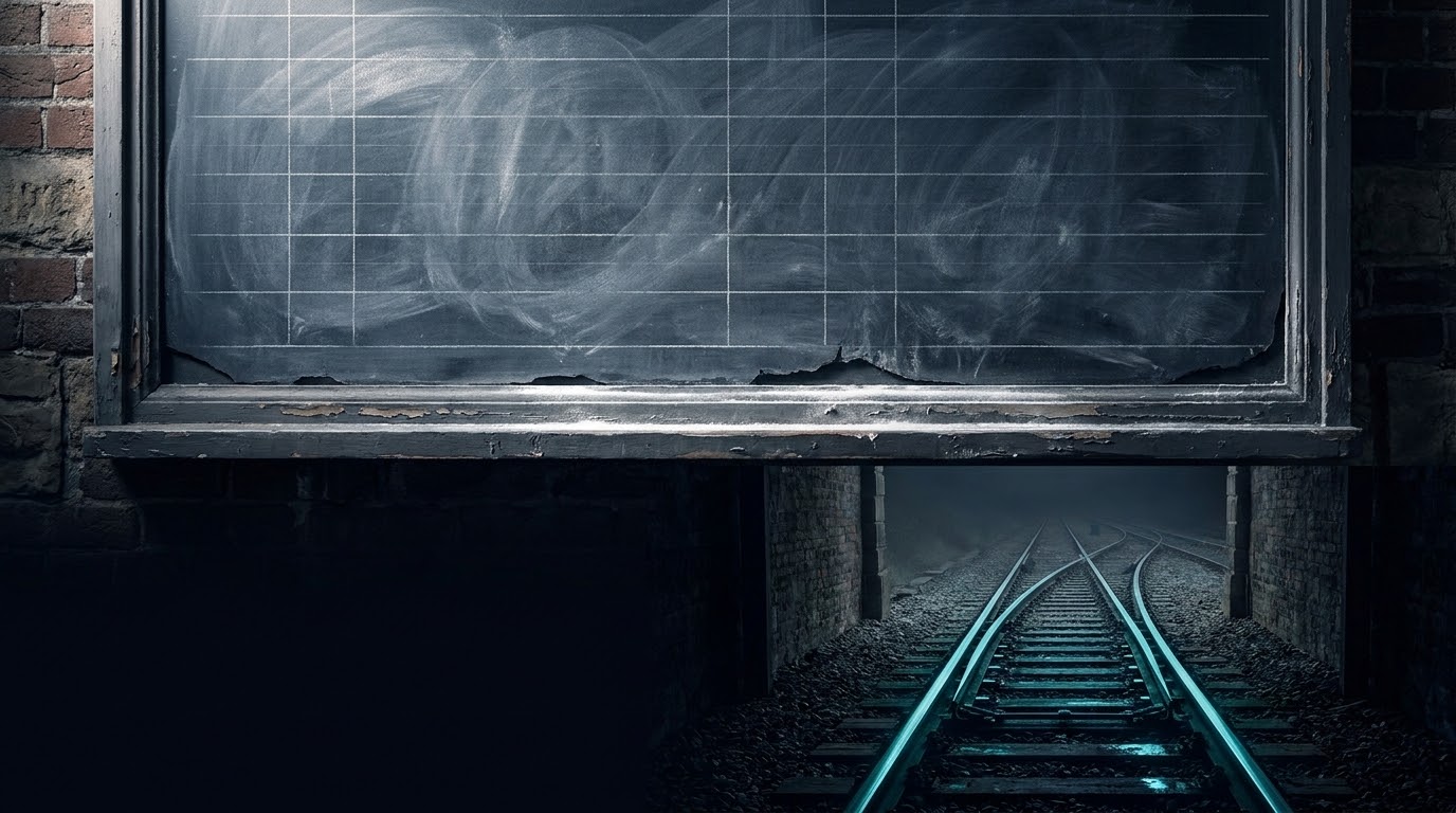 A board rewritten by hand many times, beside the thing it describes