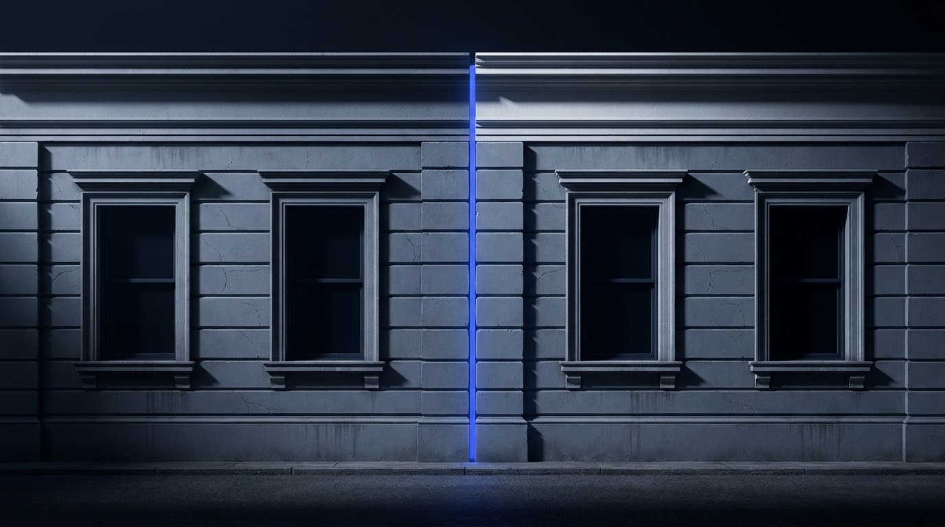 Two frontages on the same street, identical from where anyone stands